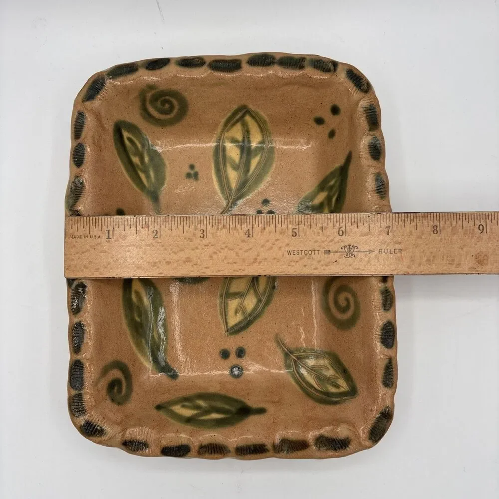 Vintage Signed Studio Pottery Tray Hand Painted Leaf Swirl Motif Terracotta Dish